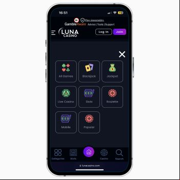 Luna Casino mobile site on iPhone, featuring the navigation menu displaying different types of games