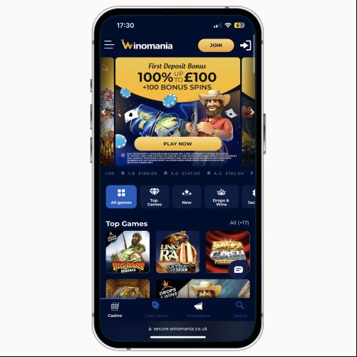 Winomania Casino mobile site on iPhone, featuring information on the welcome bonus and top games at the casino