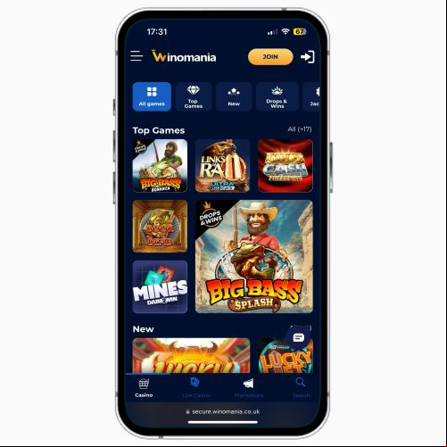 Winomania Casino mobile site on iPhone, featuring a list of new online slots available to UK players