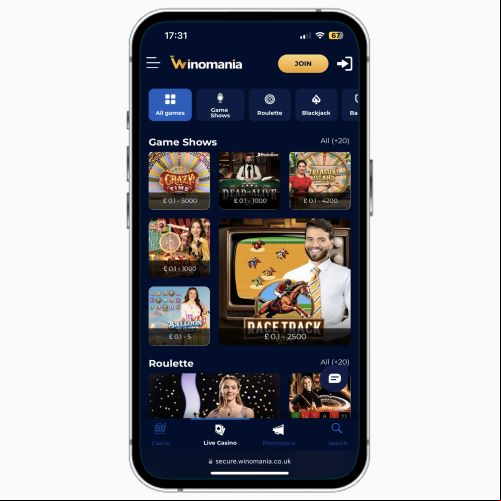 Winomania Casino mobile site on iPhone, featuring live blackjack and live baccarat games available to UK players