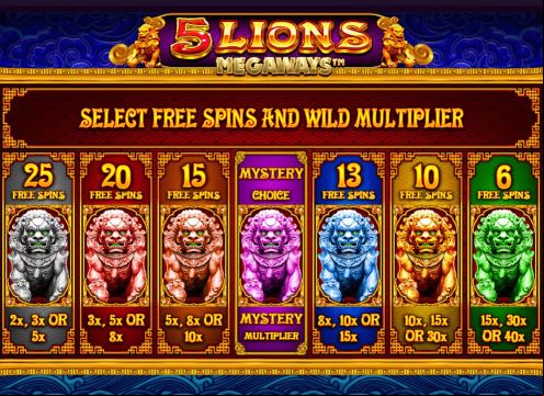 Screenshot of the online Megaways slot game 5 Lions Megaways by Pragmatic Play, showing the free spin bonus options.