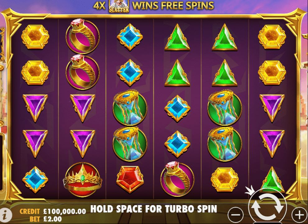 Screenshot of the free slot casino game Gates of Olympus by Pragmatic Play, available to play at UK online casinos.