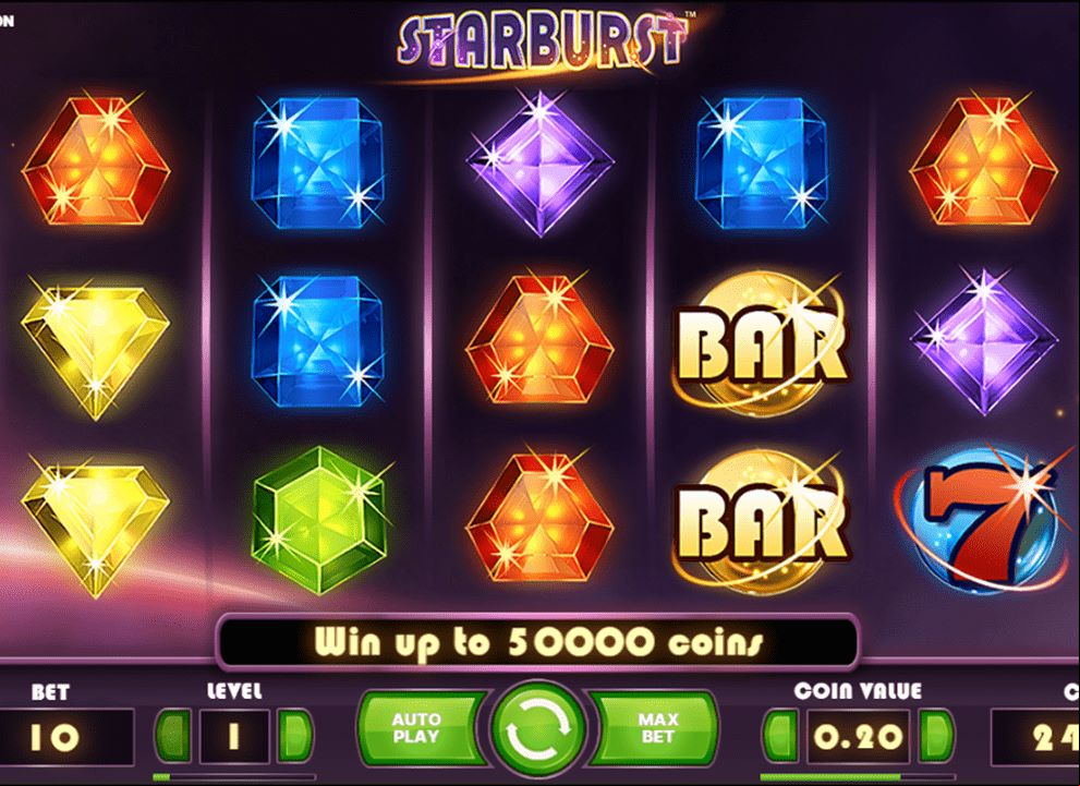 Screenshot of the free slot casino game Starburst by NetEnt, available to play at UK online casinos.