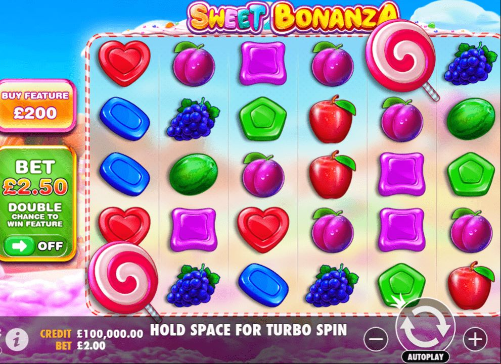 Screenshot of the free slot game Sweet Bonanza by Pragmatic Play, available to play at UK online casinos.